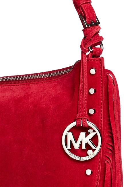 michael kors red suede fringe bag|Michael Kors suede shoulder bag.